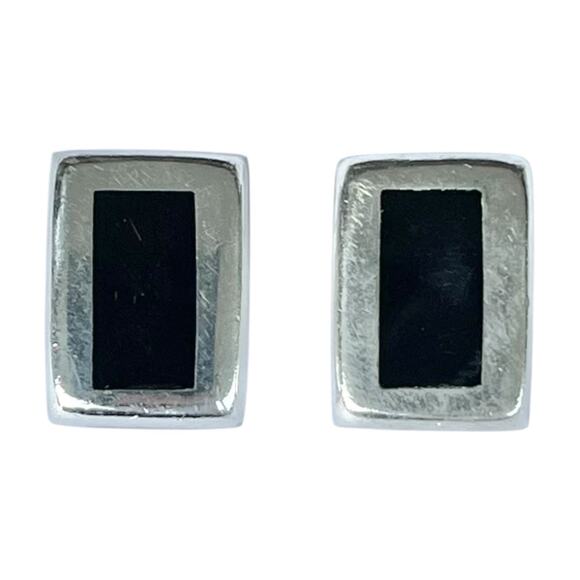Taxco Jewelry - 1960s Taxco TA-142 925 Silver & Black Onyx Baguette Rectangle Post Stud Earrings